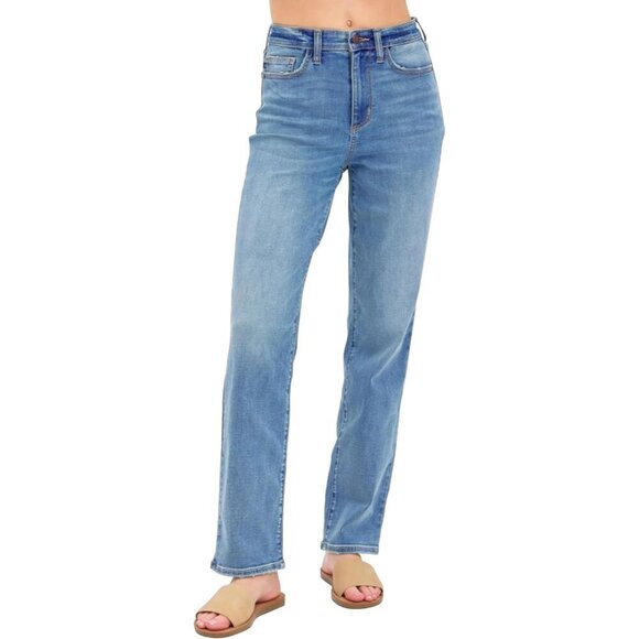 Denim - Women's High Rise Relaxed Straight Jeans Med Wash Cotton Blend 11